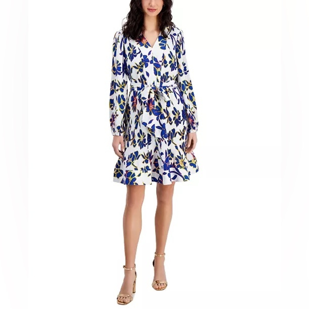 Taylor Printed Madeline Crepe Tie-Waisted Pleated Long Sleeve Dress L